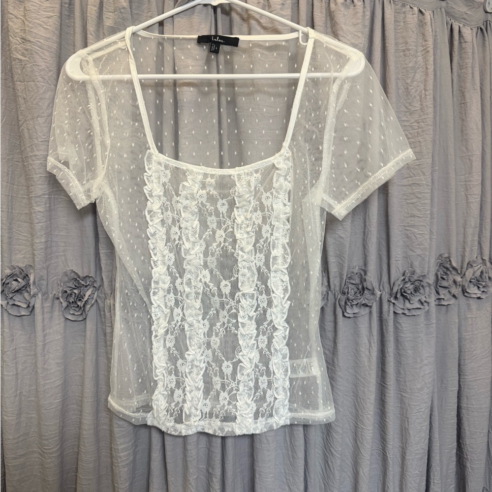 Lulu's White Sheer Dot & Lace Panel Short Sleeve Top